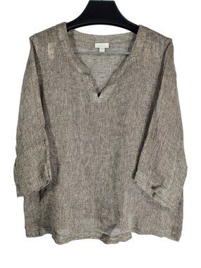 Pure Jill Linen Tunic Top Women's L Petite Taupe Gauzy V-Neck 3/4 Sleeve
